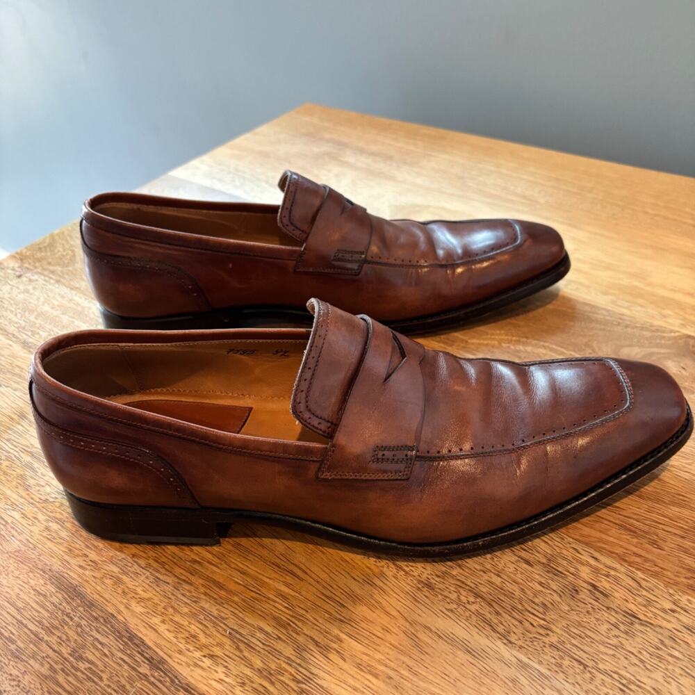 Silvano Sassetti Brown Leather Penny Loafers Mens 9.5M Italy Handcrafted Dress